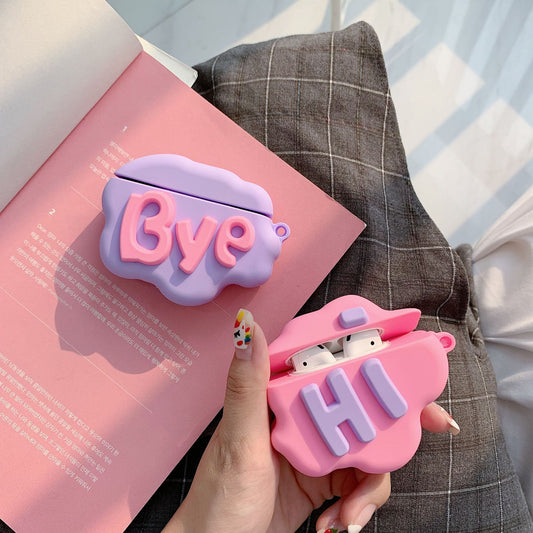 Cute Cloud Letter Cartoon Soft Silicone AirPod 2 Case Custom 3D Design for Apple AirPods, Saying Hi and Bye Wireless Earphone Cover