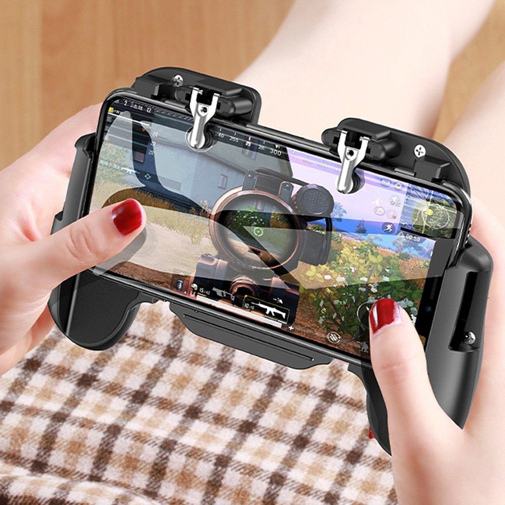 Gamepad with telescopic controller and fan, compatible with Apple iOS and Android phones.