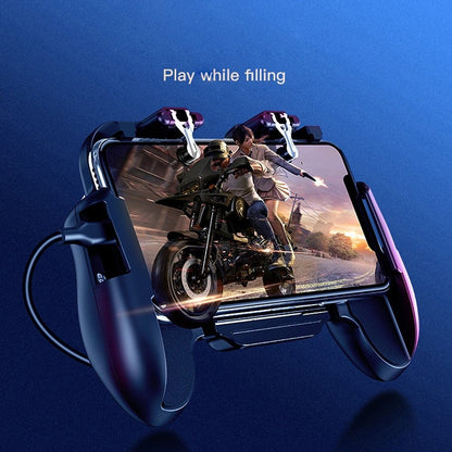 Gamepad with telescopic controller and fan, compatible with Apple iOS and Android phones.